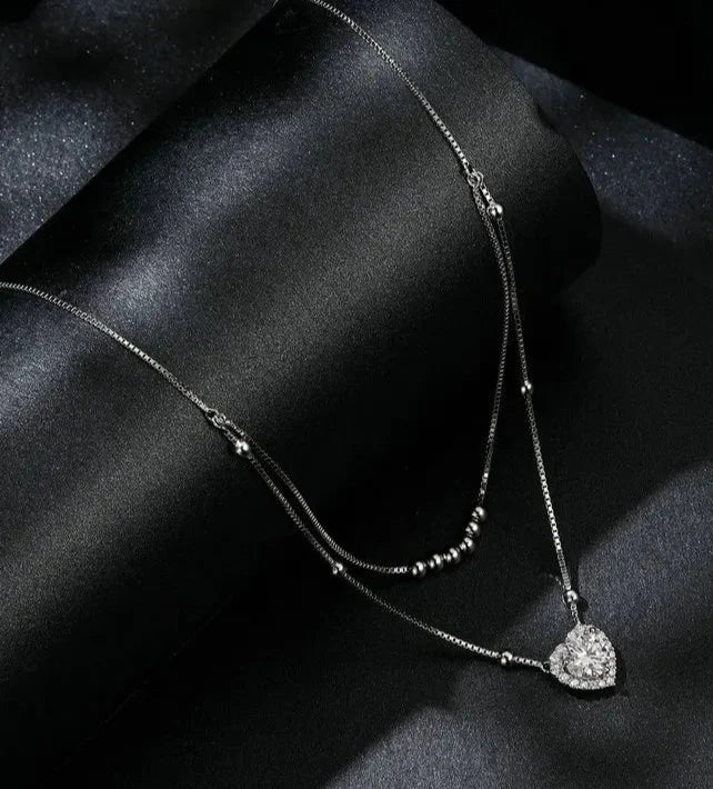 Necklace Double-layer Plated White Gold Heart Moissanite