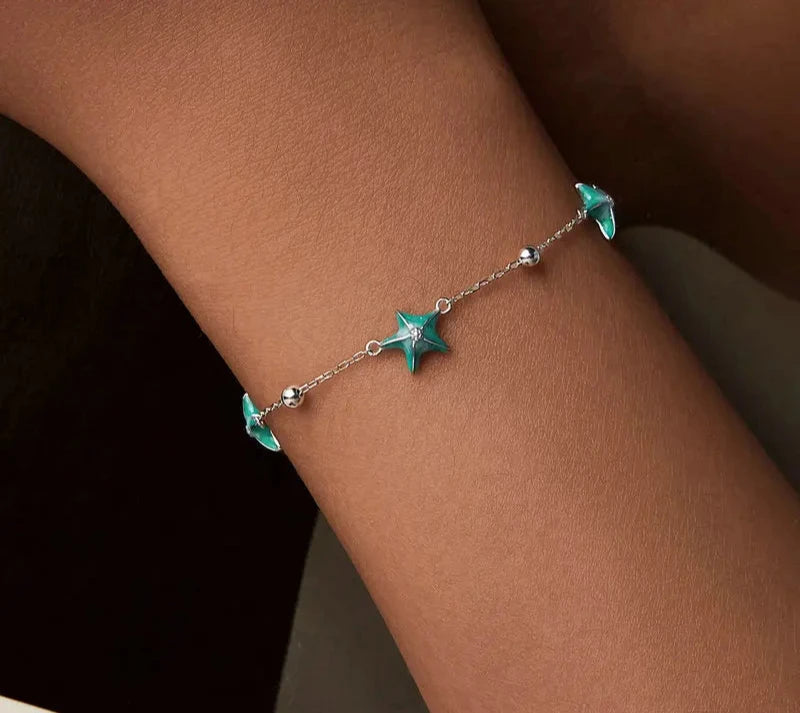 Blue-green Starfish Bracelet 925 Sterling Silver