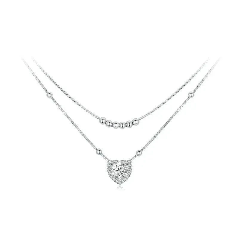 Necklace Double-layer Plated White Gold Heart Moissanite