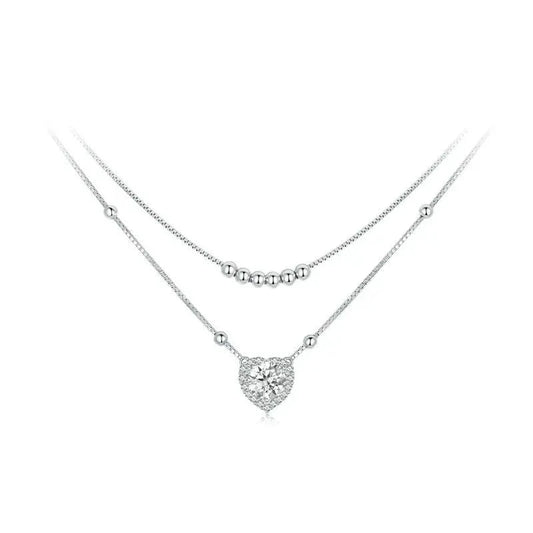 Necklace Double-layer Plated White Gold Heart Moissanite